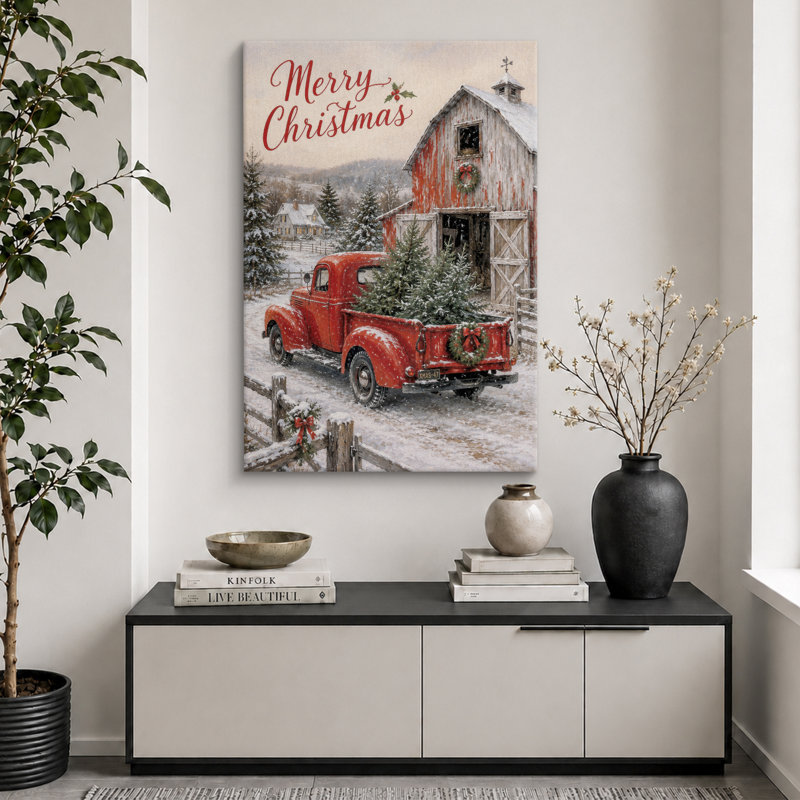 «Merry Christmas Red Truck Holiday», art de salon, impression sur toile encadrée, H 18 po x l 12 po x P 1,5 po, Toile tendue