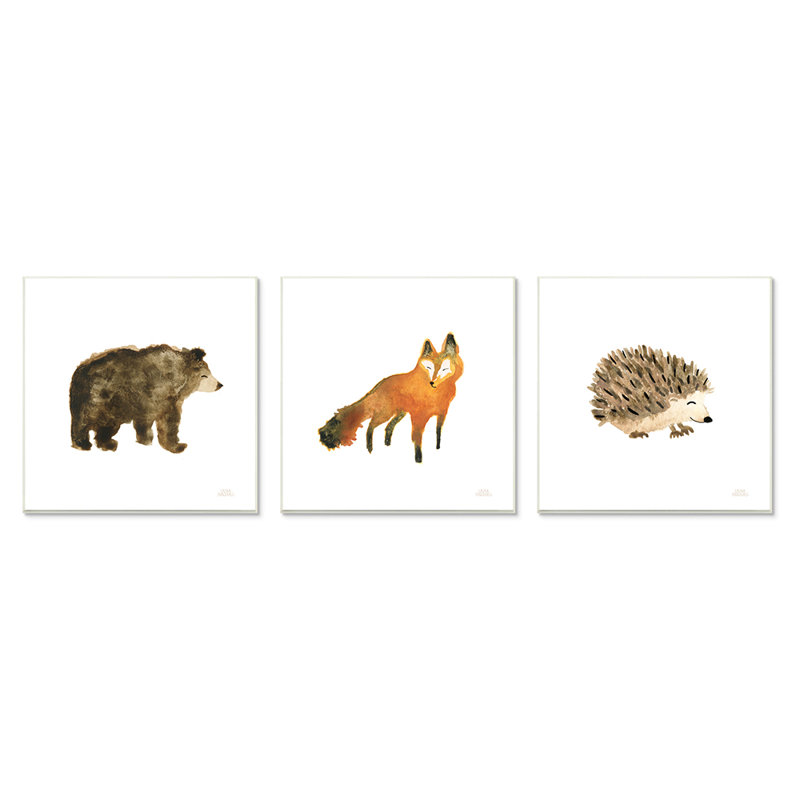 « A3-055 », un animal de la forêt fantaisiste et un renard de Laura Marshall-3 pièces d’art graphique, Plaque murale