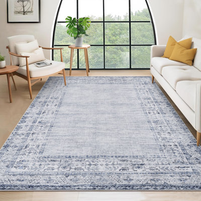 5x7 Washable Rugs Vintage Distressed Border Area Rug For Living Room Stain Resistant Throw Carpet With Non-Slip Backing Floor Cover For Bedroom Dining Room Office,Light Blue