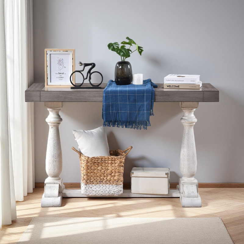 30-Inch Farmhouse Sofa Table With Pedestal Legs, Rustic Entryway Console For Living Room, Sandstone