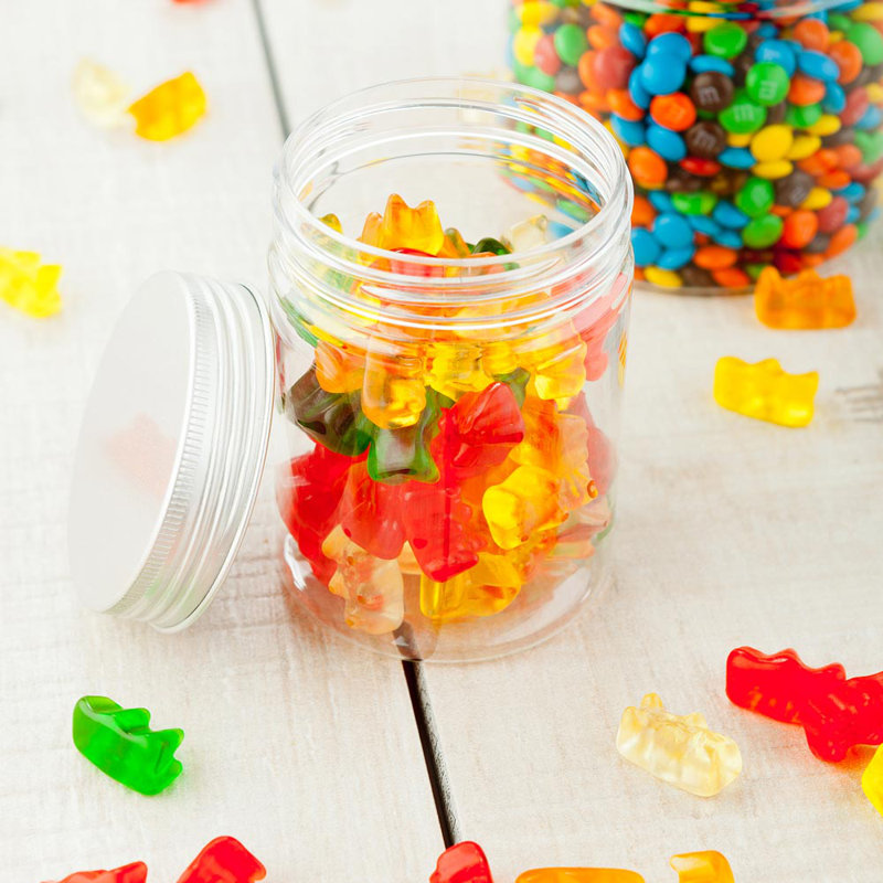 Articles de restaurant - 8,5 oz pots en plastique Mason, 100 pots de rangement hermétiques pour aliments - couvercles en aluminium inclus, ronds, contenants de rangement en plastique transparent pour la cuisine, collations, bonbons, ingrédients, et plus encore