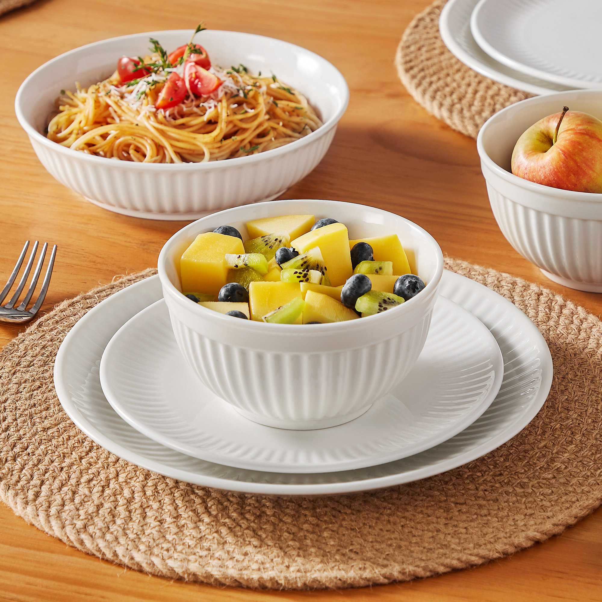 16-Piece Ceramic With Black Rims Dinnerware Set - Modern Ribbed Relief Tableware Service For 4, Includes Dinner Plates, Salad Plates,Soup Plate& Bowls - Holiday, Wedding & Dinner Party Essentials