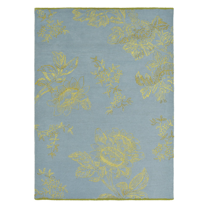 Hand Tufted Floral Area Rug in Blue/Gold, Rectangle 6'7" x 9'2"