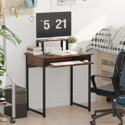 Modern Computer Desk with Monitor Stand & Keyboard Tray, Compact Workstation for Adults