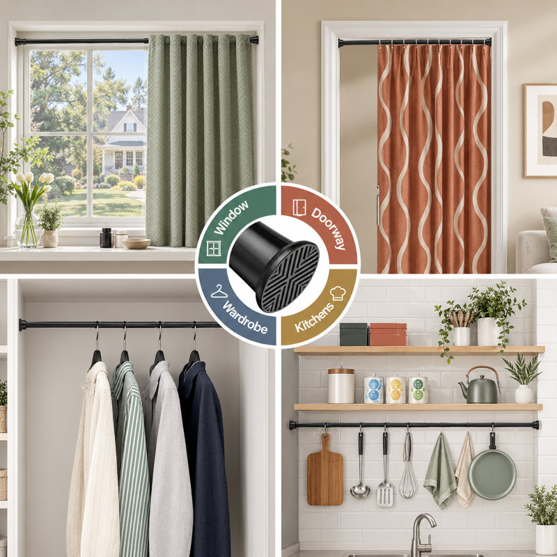 Tringle à rideaux à ressort en acier à haute teneur en carbone noir, réglable de 61 à 117 cm, installation sans outil ni perçage, conception anti-chute pour fenêtres, cuisine, placard et salle de bain ; idéale pour les locataires