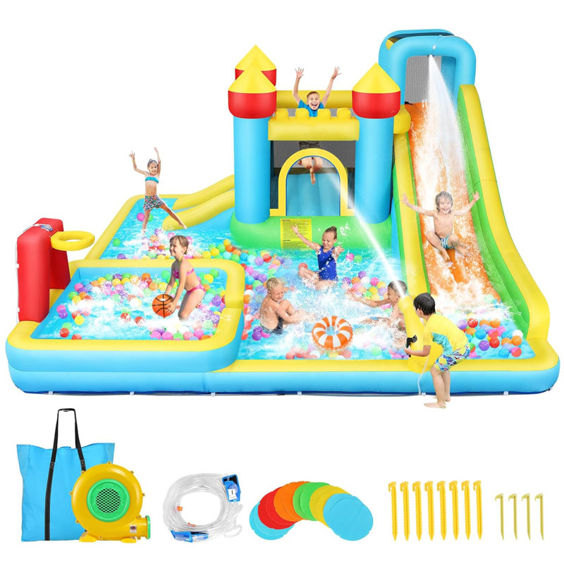 Jeu gonflable de natation gonflable de 13 pi x 12,5 pi avec soufflerie, glissades d'eau d'extérieur, très grand château de saut à l'eau avec piscine profonde pour enfants, panier de basketball robuste pour enfants, grande fête dans la cour