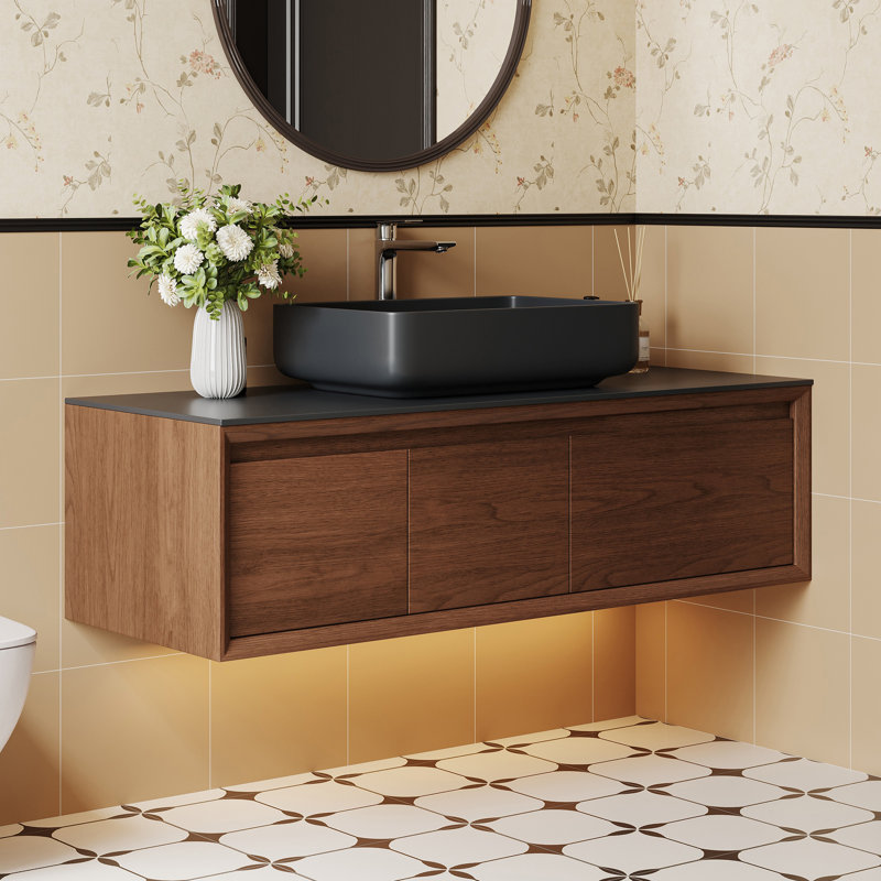 Meuble-lavabo simple 48 po en bois de noyer avec vasque en céramique noire, Noyer