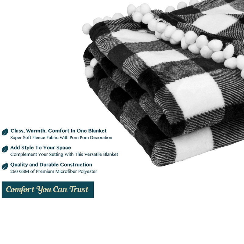 Pavilia Deluxe Checkered White Twin Fleece Throw with Pom Pom Fringe