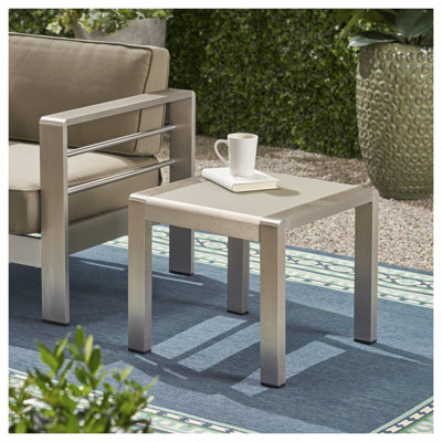 Table d'appoint d'extérieur en aluminium avec plateau en verre trempé Cape Coral - Table de bout de patio argent moderne pour jardin et terrasse