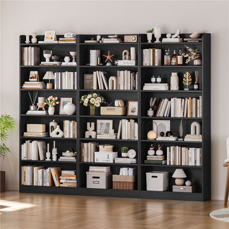 Bibliothèque 3 pièces H 71 po x l 24 po à 3 niveaux avec compartiment supérieur ouvert, H 71 po x l 24 po x P 9,5 po, Noir