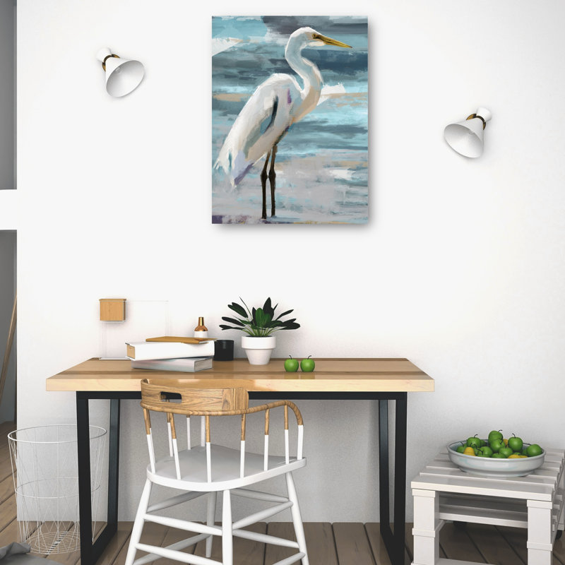 Sunday Egret White and Gray Canvas Art Print 14" x 11"