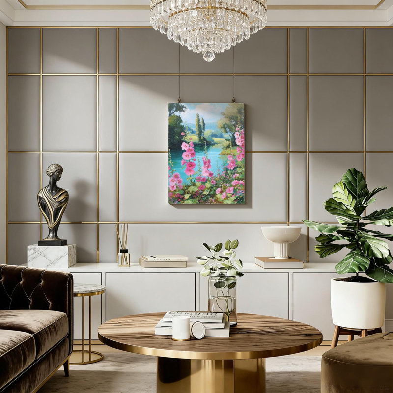 16 po x 24 po, roses trémières, paysage naturel enchanteur, peinture à l'huile, fleurs en fleurs, cadre en bois massif, support, art mural, bleu, rose