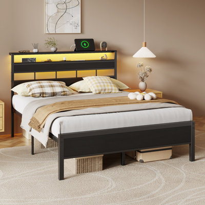 Queen Platform Bed Frame with 2-Tier Storage Shelves, LED Lights & Charging Station, No Box Spring Required