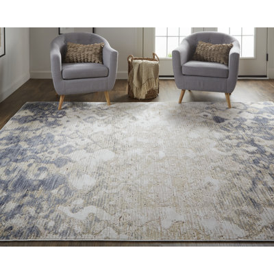 Tapis aquarelle contemporain Corben, ivoire / bleu / gris argenté, 7 pi 10 po x 9 pi 6 po
