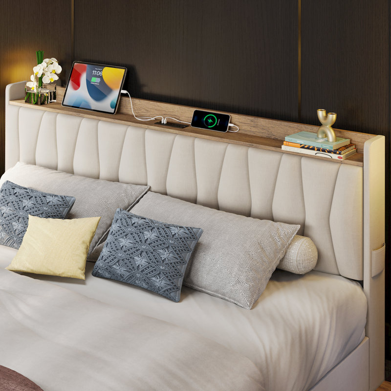Deilyn Upholstered Bed with Charging Station and 3 Drawers, Queen, Beige