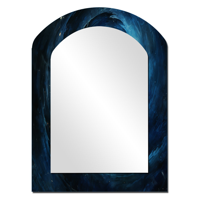 Blue Swirl Wave Spiral V - Abstract Spirals Arch Wall Mirror, Blue Asymmetrical Decorative Mirror, Printed Metal Art