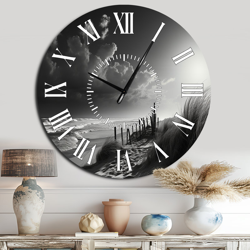 Noir et blanc plage paysage II - horloge murale bord de mer plage blanche, Surdimensionné
