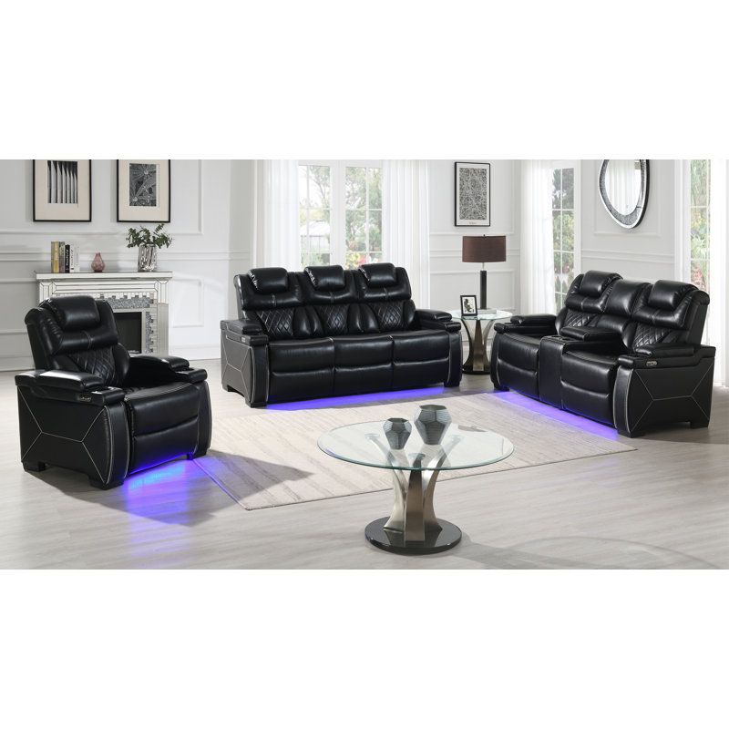 Ensemble de salon en cuir 3 pièces Akheelesh, 2 Pcs: Sofa, Loveseat, Noir