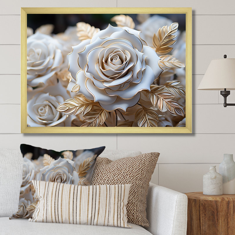 «White and Gold Rose Passion - Roses», reproduction sur toile encadrée, H 12 po x l 20 po x P 1 po, Cadre doré simple
