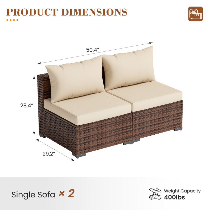 Ensemble de conversation d'extérieur sans accoudoirs pour 2 personnes avec coussin, Beige