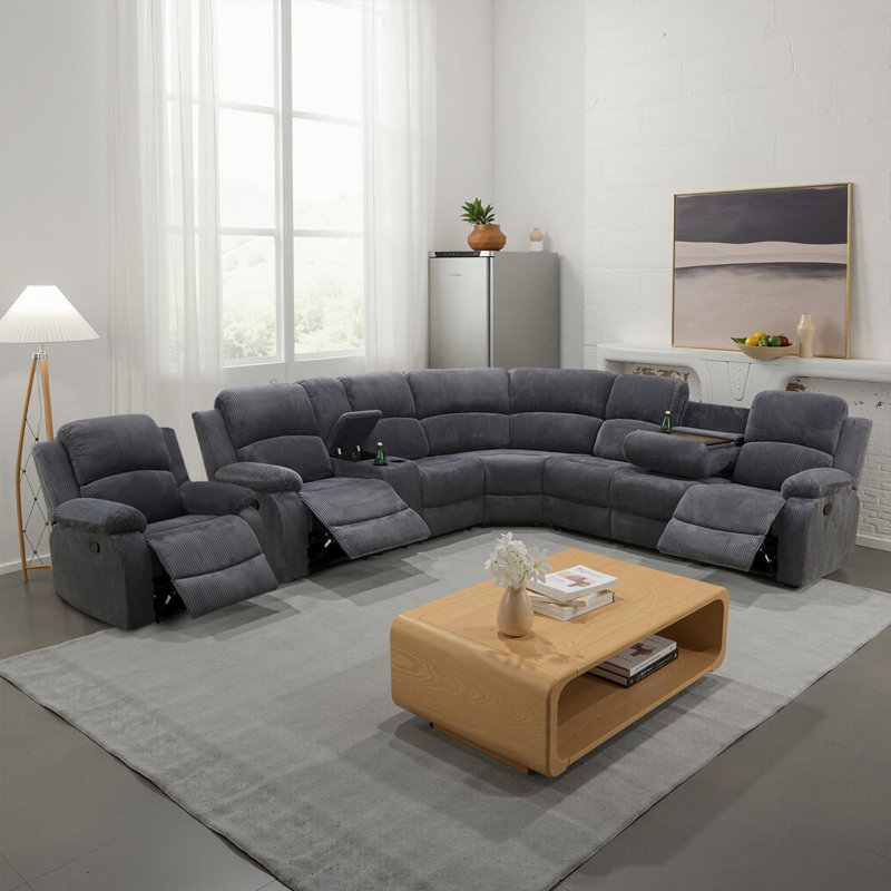 Manual Corduory Recliner Sectional Sofa With Chair , Storage Console/Drop Down Table/Cup Holders (Sectional+Chair)