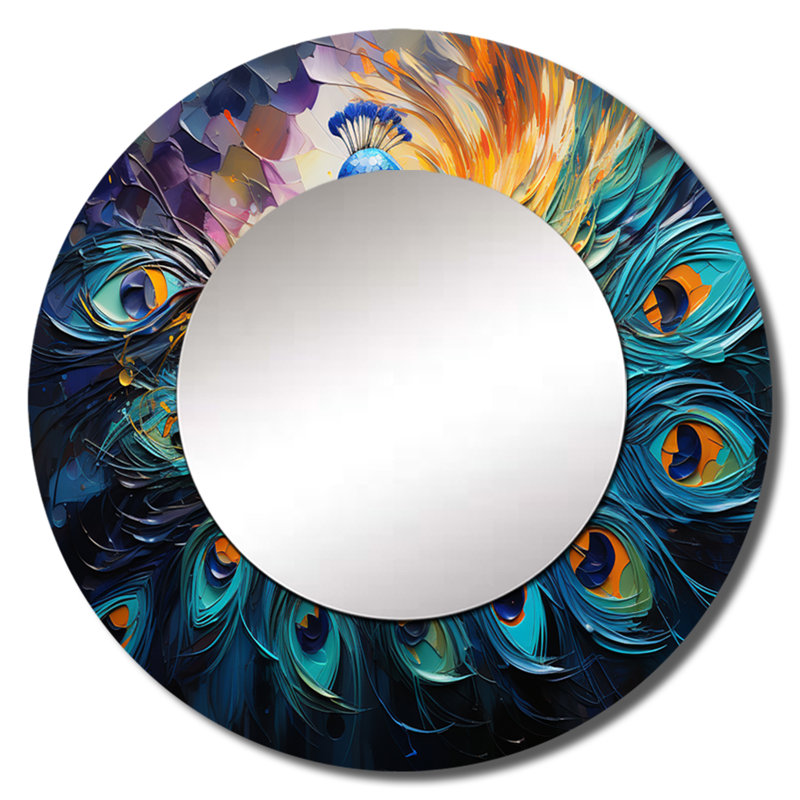 Peacock Feather Drips II - Peacock Large Mirror, Modern Round Decorative Wall Mirror, Printed Metal Art, 36" x 36"