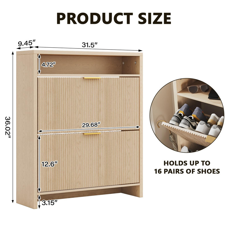 Avalie 31.5" Fluted Shoe Storage Cabinet, Narrow Entryway Storage Cabinet With Flip Drawers & Open Shelf