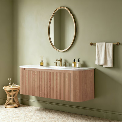 Meuble-lavabo simple 41,3 po avec comptoir en marbre artificiel Cararra et lavabo en céramique, conception courbée avec rayures, pré-assemblé