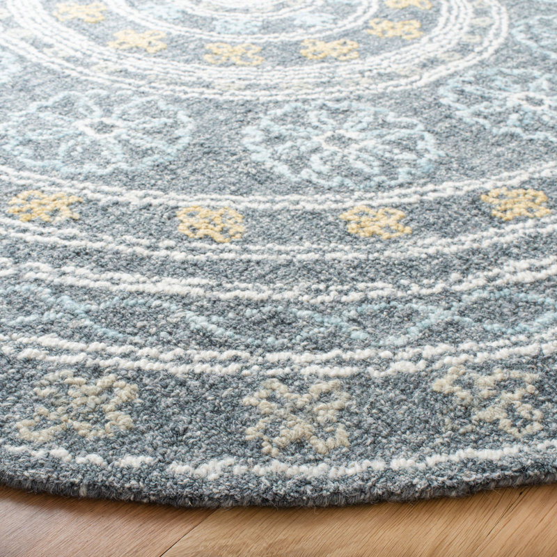 Unionville Hand Tufted Wool/Cotton Oriental Rug in Charcoal/Yellow, Round 6'