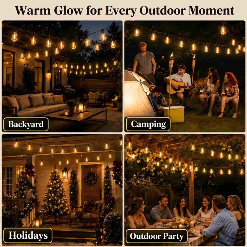 200 pi. Guirlande d'extérieur à énergie solaire 24 lumières DEL St38 avec base E12 - Ampoules rétro Edison imperméables pour patio, jardin et café - Blanc chaud (2 700 K) - Fil noir