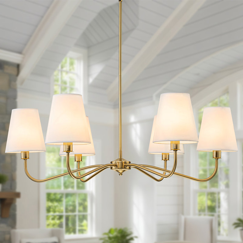 36”w Classic Chandelier With White Linen Shades, Gold