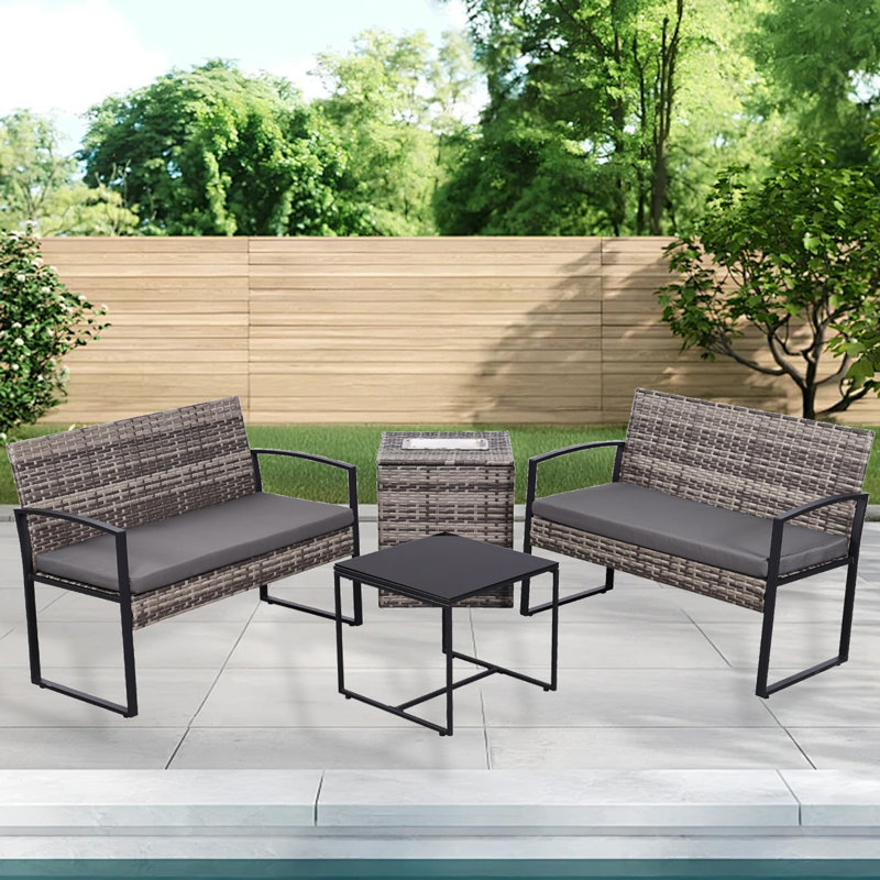 Ensemble de 4 canapés modulaires en osier de patio avec coussins lavables Pe, Gris, Gris