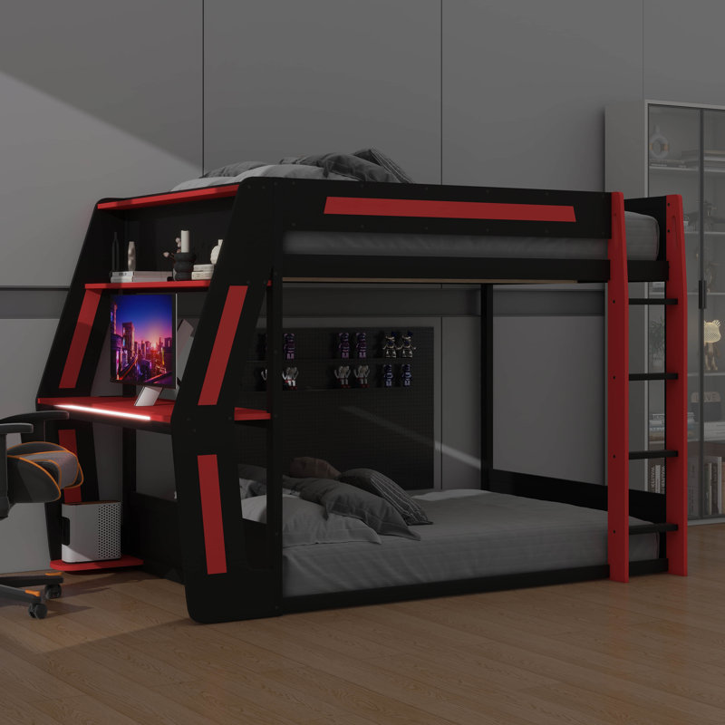Lit double superposé double pour jouer, bureau intégré, ports USB et organisateurs de câbles, structure en bois avec éclairage DEL