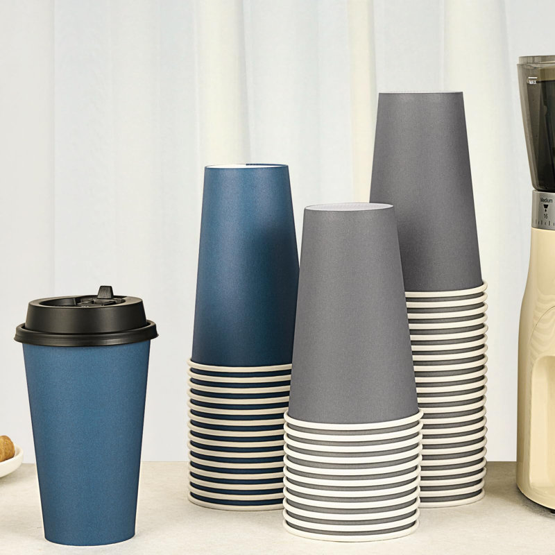100 Pack 16 Oz Disposable Paper Coffee Cups With Lids For Coffee, Water, Juice, Or Tea, Blue And Gray Hot Paper Cups For Home, Restaurant, Store, And Cafe