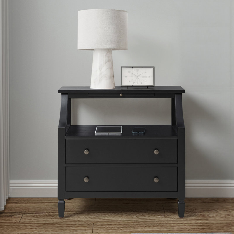 Areebe 30" W 2-Drawer Nightstand with Pull-Out Tray and Charging Station, Black