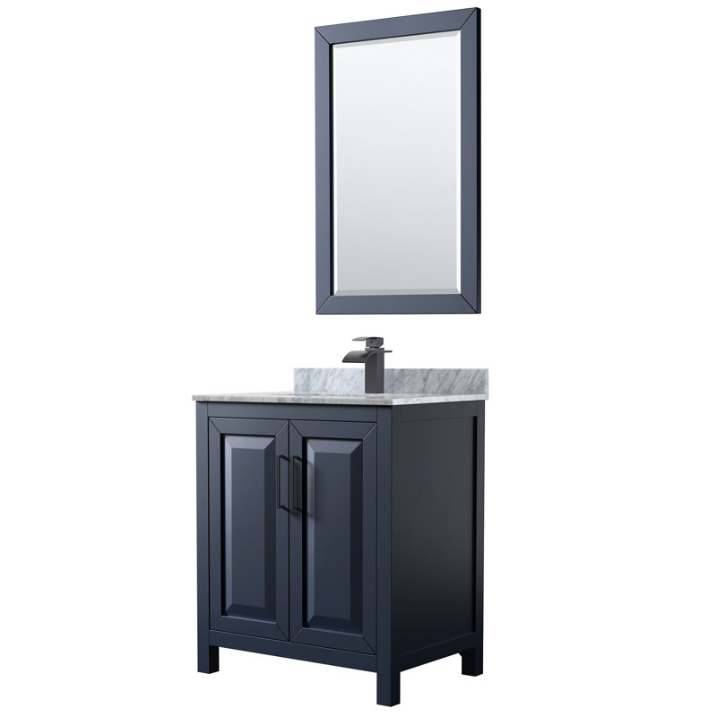 Daria 30'' Single Bathroom Vanity with Marble Top, Dark Blue, Carrara Cultured Marble, Matte Black