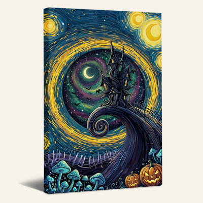 Haunted House with Glowing Pumpkins in Swirling Halloween Canvas Wall Art