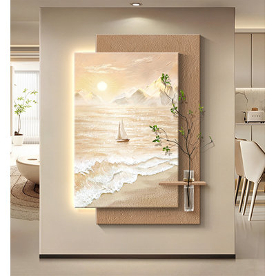 Creamy Style Seascape Led Wall Art With Vase & Greenery