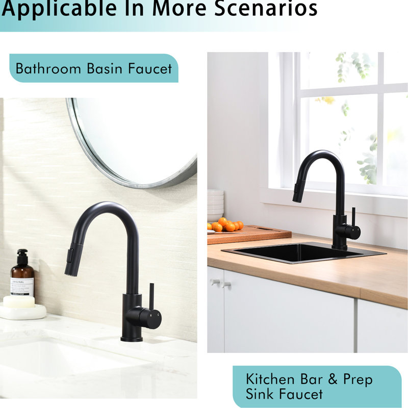 Robinet de cuisine contemporain noir - douchette rétractable, acier inoxydable, rotation 360 pour bar, évier de salle de bain et de préparation, poignée simple, rembourrage en céramique