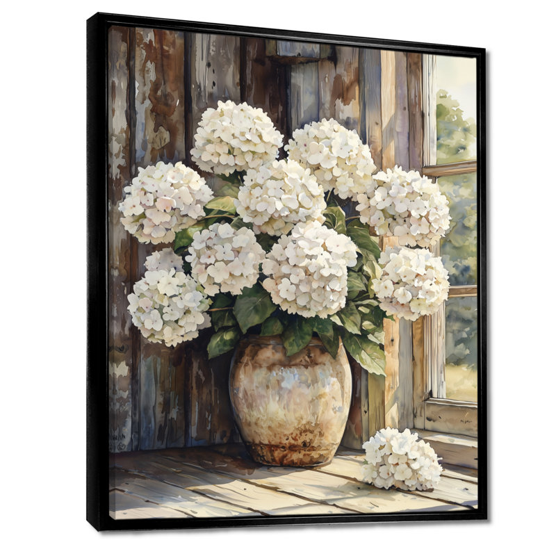 Paysage d'hortensias dans la brise d'été - art mural hortensias, H 40 po x l 30 po, Impression encadrée flottante, Noir