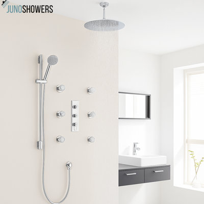 Nouveau système de douche de pluie thermostatique à fixation au plafond 16 po avec 6 jets Juno