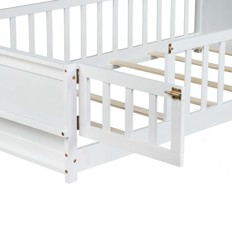Lit de plancher en bois massif avec porte-livres intégré, porte-revues à porte pivotante et plateforme de support à lattes
