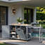 Îlot de cuisine extérieur avec table de barbecue pliable, rangement pour poubelle, plateau en acier inoxydable, grande armoire de rangement et tablettes ouvertes-121836698