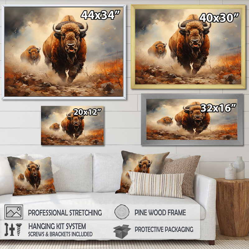 " Native Buffalo Mesmerizing I ", 12" H x 20" W x 1" D, Gold Floater Framed