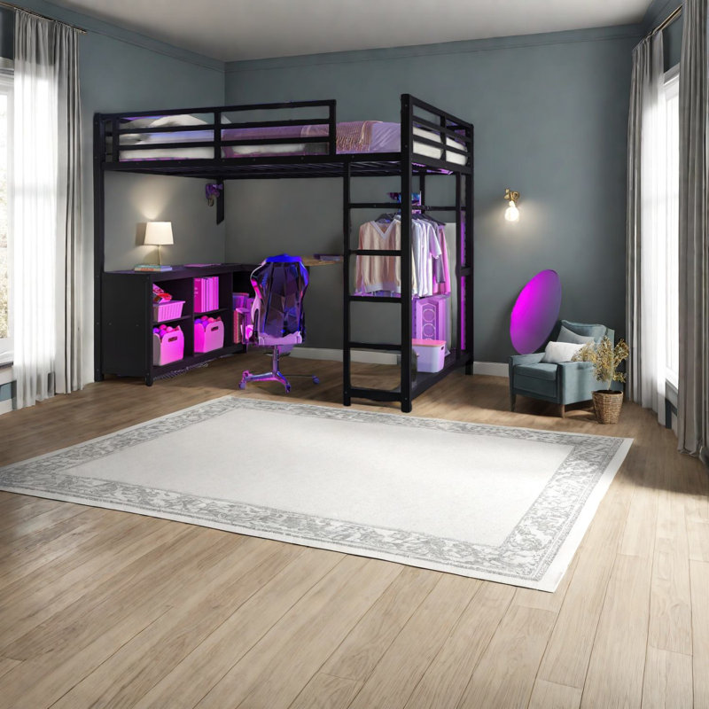 Lit mezzanine spacieux en métal avec bureau et garde-robe, style moderne pour la maison