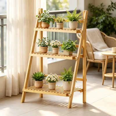 Foldable Ladder Shelf with Bamboo Plant Display Stand, Freestanding Tiered Bookshelf for Indoor or Outdoor Living Room, Balcony, Garden, Patio, Natural Finish, Space-Saving Collapsible Design