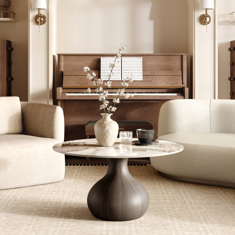 Table basse ronde à piédestal moderne, Warm Sand, 18.23" H x 35.43" L x 35.43" W