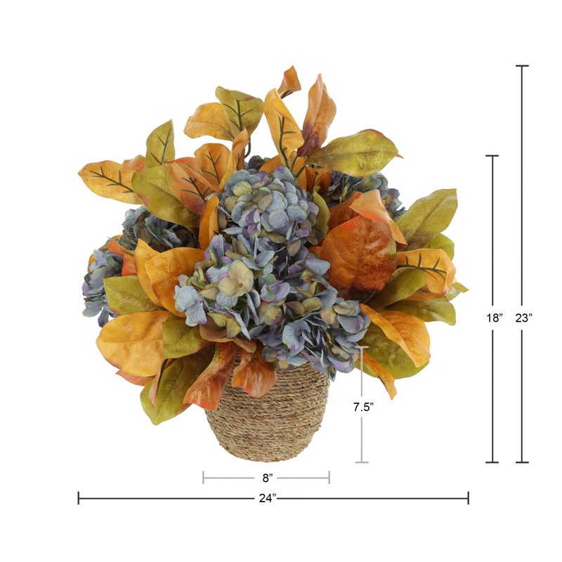 Fall Arrangement with Hydrangeas and Leaves in Rope Pot