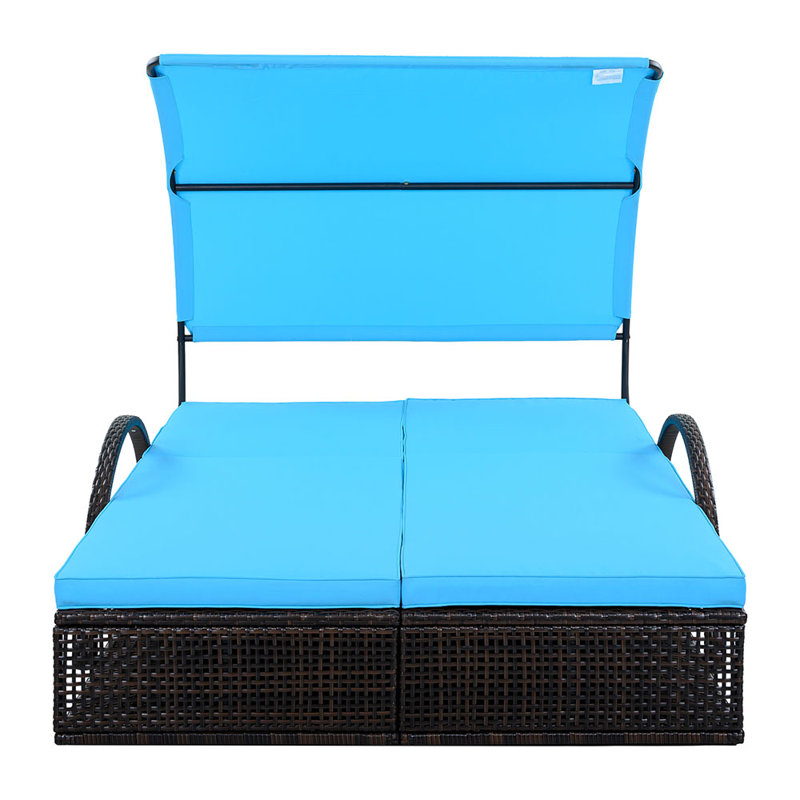 Chaise longue d'extérieur en acier avec dossier réglable, lit double de patio avec table d'appoint cachée et accoudoirs arqués, convient pour la terrasse de la piscine, le jardin et la cour
