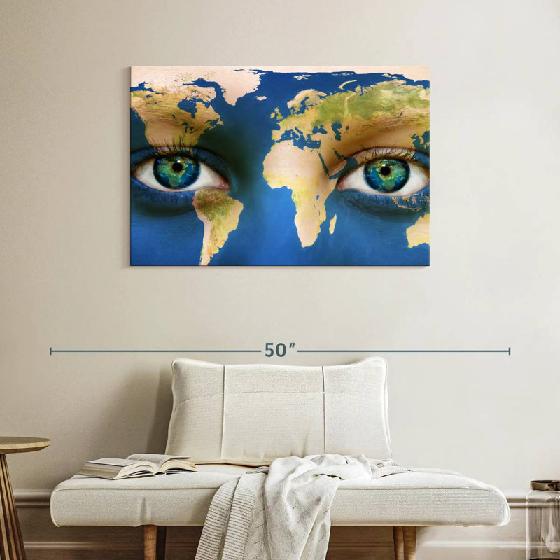 Carte du monde aux yeux bleus d'Aliaz, H 26 po x l 39 po